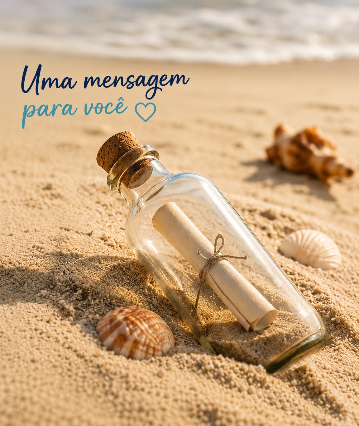 Uma mensagem para você: garrafa com um bilhete dentro, na areia da praia com conchas